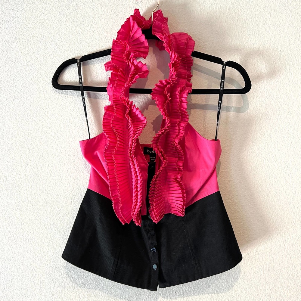 Bebe Y2K Hot Pink & Black Ruffle Halter Top